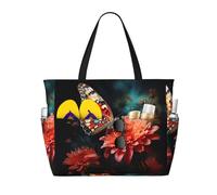 Ghjkfbf Bolsa de viaje de playa de gran capacidad con estampado de flores y mariposas para la familia, bolsa de playa para mujer con bolsillos con cremallera