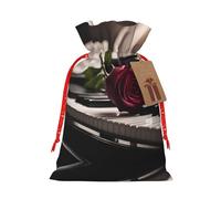 Ghjkfbf Bolsas de regalo de Navidad con cordón y estampado de rosa roja en piano, bolsas de regalo de Navidad con etiquetas, bolsas reutilizables para envolver regalos