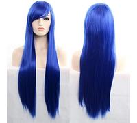 GHK 11 colores 80 cm sintético peluca de pelo largo y recto negro gris verde azul púrpura rosa peluca cosplay pelucas para mujeres azul 2