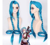 GHK 120 cm LOL Jinx Anime Cosplay peluca mujer sintética larga azul doble trenza pelo de cola de caballo para fiesta de disfraces de Halloween