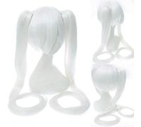 GHK 120cm Hatsune Miku Peluca de cosplay sintética Lacio Blanco Azul Anime Cabello Disfraz de Halloween Pelucas para mujer con doble clip Cola de caballo 16