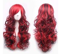 GHK 2019 Nueva peluca de pelo sintética negra roja resaltada con flequillo Fiesta de disfraces de Halloween Pelucas de cosplay largas y rizadas para mujeres