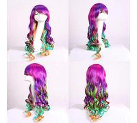 GHK 28 pulgadas Barato Halloween Lolita Pelucas de colores para mujeres Anime sintético Cosplay Rainbow Hair Peluca larga ondulada con flequillo