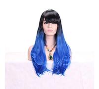 GHK 28 pulgadas moda negro rubio Ombre peluca con flequillo pelo sintético Anime Cosplay pelucas largas onduladas para mujer resistente al calor azul