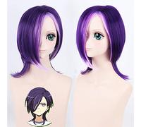 GHK 45cm Pelo sintético Hataraku Maou Sama! Lucifer Short Curly Purple Peluca de Cosplay para Anime Party Peluca de cabello falso para Hombre Purple