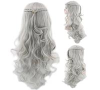 GHK 70cm Juego de tronos Daenerys Targaryen Trenzado Cosplay Peluca Disfraz de Halloween Gris plateado Rubio Pelucas onduladas largas Para mujer gris plateado
