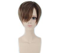 GHK 8 pulgadas Ataque barato en Titán Marrón Negro Peluca corta Hombres Anime Cosplay Pelucas de pelo liso sintético resistente al calor para Halloween marrón claro