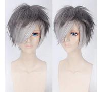 GHK 8 pulgadas Fluffy Grey Silver Short Ombre Peluca Hombres Anime Cosplay Disfraces de Halloween Pelucas Pelo sintético Resistente al calor