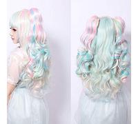 GHK Anime VOCALOID Miku Colorful Harajuku Lolita Curly Cosplay Peluca Disfraz Pelucas de pelo sintético con doble clip Cola de caballo colorido 2