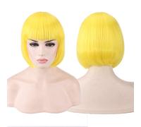 GHK Barato Pelucas cortas de pelo sintético Bob con flequillo Rojo Azul Amarillo Rosa Púrpura Rubio Natural Anime Cosplay Peluca Anime Traje Amarillo