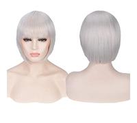 GHK Barato Pelucas cortas de pelo sintético Bob con flequillo Rojo Azul Amarillo Rosa Púrpura Rubio Natural Anime Cosplay Peluca Anime Traje plateado