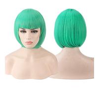 GHK Barato Pelucas cortas de pelo sintético Bob con flequillo Rojo Azul Amarillo Rosa Púrpura Rubio Natural Anime Cosplay Peluca Anime Traje verde