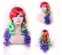 GHK Fashion Cheap Long Wavy Rainbow Wig Cosplay disfraz coloridas pelucas de cabello sintético para mujeres + gorra de peluca