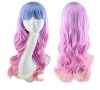 GHK Harajuku Lolita Azul Rosa Ombre Pelucas de cabello para mujeres Barato Anime Cosplay Peluca sintética ondulada larga con flequillo para fiesta de disfraces azul rosa