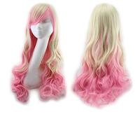 GHK Harajuku Lolita Azul Rosa Ombre Pelucas de cabello para mujeres Barato Anime Cosplay Peluca sintética ondulada larga con flequillo para fiesta de disfraces rubio rosa