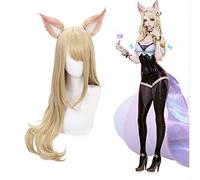 GHK League Of Legends Ahri Cosplay Peluca con dos orejas Zorro de nueve colas KDA LOL 85cm Pelucas de cabello sintético Perucas Fibra de alta temperatura