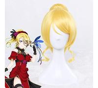 GHK Love Live Eli Ayase Ellie Peluca de pelo corto rizada de color amarillo dorado sintético con una viruta Cola de caballo Fibra de resistencia al calor