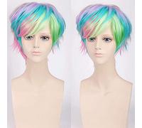 GHK Moda Barato Colorido Hombre Corto Peluca Pelo sintético Color del arco iris Disfraz de Halloween Fiesta Papel Anime Cosplay Pelucas + Peluca Cap