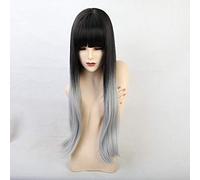 GHK Mujer Pelucas de Cosplay Pelucas Largas Onduladas Con Flequillo Negro Gradiente Blanco Pelucas Sintéticas Naturales Pelucas de Fibra Resistentes al Calor