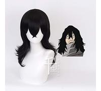 GHK My Hero Academia Eraser Head Medium Long Wavy Black Cosplay Peluca Pelo sintético Fiesta de disfraces de Halloween Pelucas Perucas