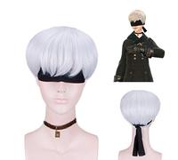 GHK Nier Automata 9S Peluca corta blanca plateada recta Hombres Anime Cosplay Pelo sintético resistente al calor Pelucas de fiesta de disfraces de Halloween