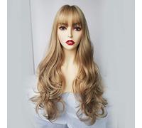 GHK Pelucas rubias marrones para mujer Pelucas de cabello sintético resistentes al calor onduladas largas y onduladas con flequillo Peluca de cosplay Afro resistente al calor