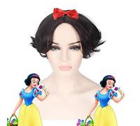 GHK Sintética Blancanieves Princesa Cosplay Peluca Corta Negro Ondulado Pelo Anime Traje Pelucas Para Mujeres 30cm Resistente al calor