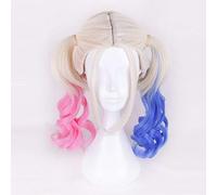 GHK Suicide Squad Harleen Quinzel Cosplay Peluca 45cm Negro Rojo Rosa Azul Ombre Pelo sintético Disfraz de Halloween Larga y ondulada Peluca de cola de caballo rosa azul