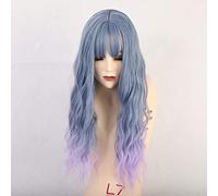 GHK Thin Bangs Long Grey Blue Natural Rizado Sintético Pelucas Moda Cosplay Pelucas Gradiente Fibra de alta temperatura Mujeres Pelucas # 2