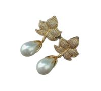 GHNQBAHID 1.7'' Pearl Gold Plated Pave Leaf Stud Drop Earrings for women