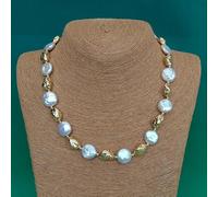 GHNQBAHID 13mm Cultured White Coin Pearl 9x14mm Gold Plated Bead Choker Necklace For Women