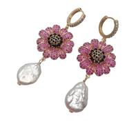 GHNQBAHID 13x18mm Cultured White Coin Pearl Fuchsia 25mm Pave Flower Shape Dangle Hoop Earrings