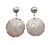 GHNQBAHID 14mm White Freshwater Pearl 39mm Shell Mop Carved Flower Dangle Stud Earrings