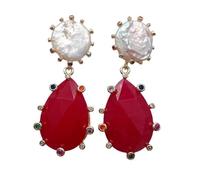 GHNQBAHID 16mm Cultured White Coin Pearl 20x30mm Red Jade Pave Teardrop Dangle Earrings Jewelry Gift