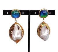 GHNQBAHID 24x32mm White Shell 15mm Blue Glass Gold Plated Stud Dangle Earrings For Party Jewelry