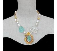 GHNQBAHID 38x54mm Green Pave Pendant Cultured White Pearl Quartz Double Point Necklace