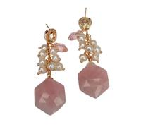 GHNQBAHID 5-6mm Cultured White Pearl 20mm Rose Quartz Hexangular Shape Stud Earrings Gemstone Jewelry