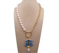 GHNQBAHID 9x12mm Freshwater White Rice Pearl Gold Plated Chain Necklace 40x45mm Blue Pendant