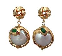 GHNQBAHID Cultured White CoinFreshwater Pearl Green Pave Gold Filled Stud Earrings