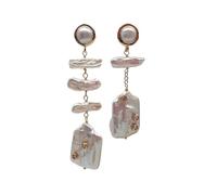 GHNQBAHID Cultured White Keshi Pearl Rectangle Biwa Pearl Dangle Asymmetric Earrings