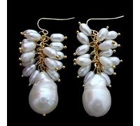 GHNQBAHID Cultured White Keshi Pearl Rice Pearl Gold color Hook Dangle Earrings