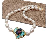 GHNQBAHID Cultured White Rice Freshwater Pearl Blue Insect Pave choker Necklace 19'' ethnic style for women