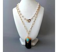 GHNQBAHID Freshwater White Rice Freshwater Pearl Gold Filled Chain Black Tourmaline Rough Pendant Necklace 18"
