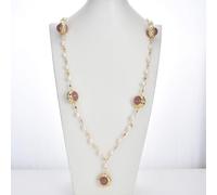 GHNQBAHID Gold Edge Plated Cat Eye Freshwater White Baroque Pearl Paved Chain Long Sweater chain Necklace for women