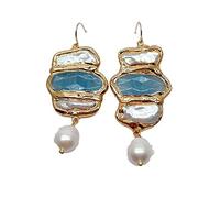 GHNQBAHID Gold Filled Cultured White Biwa Freshwater Pearl Blue Jade Pave White Rice Pearl Drop Hook Earrings for women