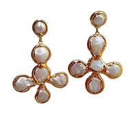 GHNQBAHID Gold plated Cross shape Freshwater Cultured White Coin Pearl Crucifix Drop Stud Earrings Fashion Jewelry For Gift