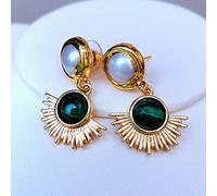 GHNQBAHID Green Malachite coin pave White Freshwater Pearl gold plated Stud Earrings for Woman Charm Jewelry