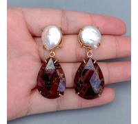 GHNQBAHID White Coin Pearl 18x25mm Red Sea Sediment Jasper Drop Earrings Stones Jewelry