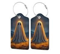 Ghost at Halloween Night - Etiqueta de equipaje para maleta, paquete de 2 etiquetas de equipaje de cuero con solapa de privacidad, etiqueta de identificación de nombre y lazo de metal para mujeres y