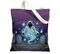Ghost - Bolsa de lona espeluznante artística, llama de Halloween violeta, bolsas de mano para uso diario, 33 x 38 cm, Púrpura, 13x15 Inch